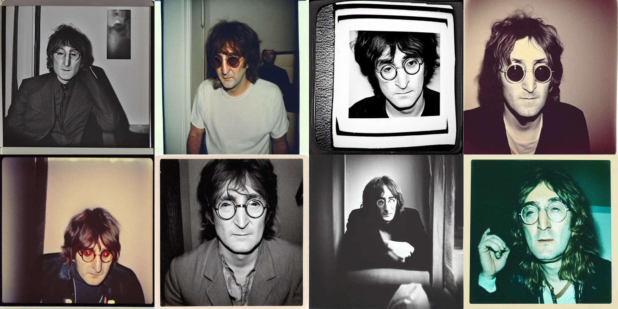 Prompt: instant camera snapshot of john lennon hiding in the corner of my living room looking guilty