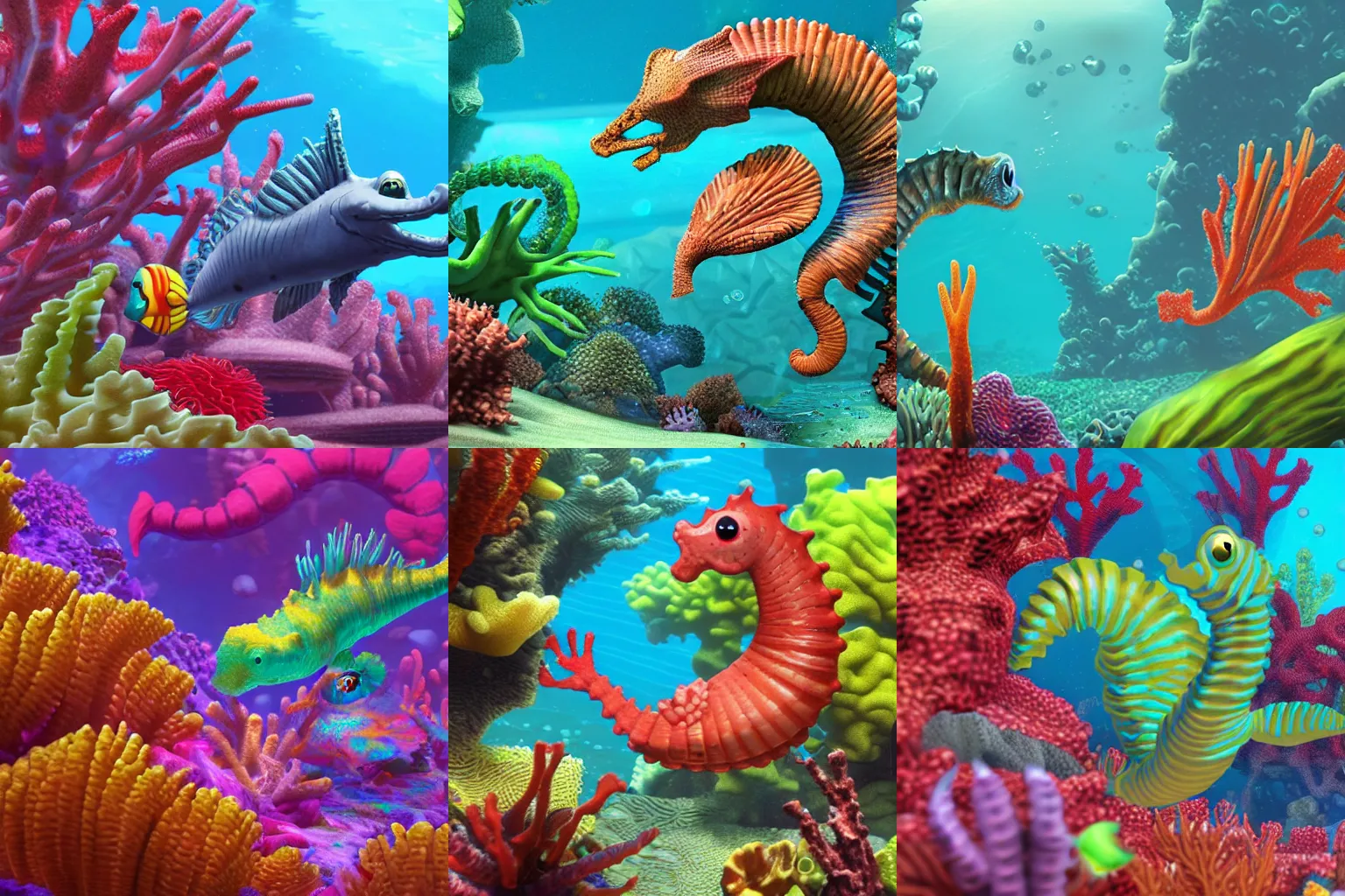 Prompt: seahorse leviathan living in a coral reef. style of subnautica.