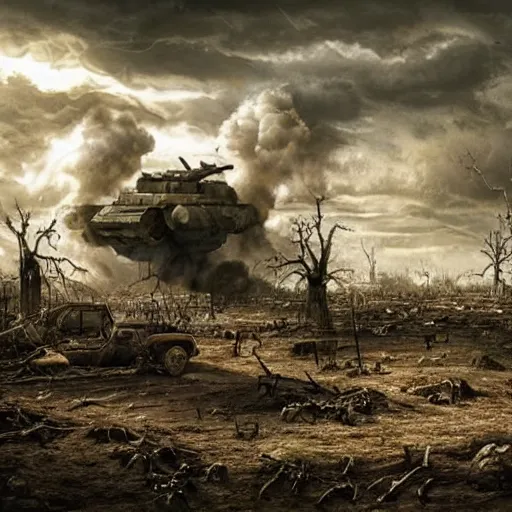 Image similar to hyper realism, realistic apocalyptic war scene