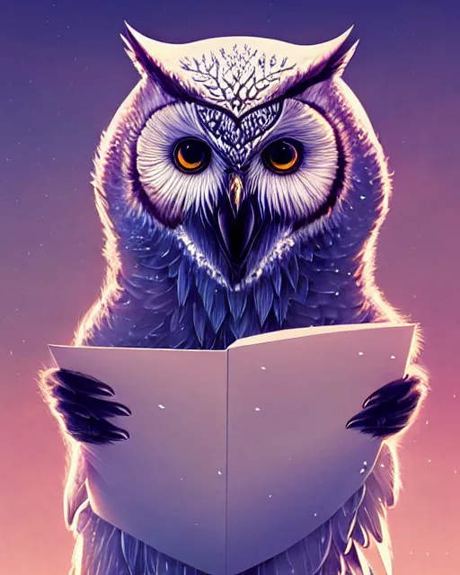 Image similar to beautiful polar owl holding a letter, by artgerm, victo ngai, ryohei hase, artstation, highly detailed digital painting, smooth, global illumination, fantasy art by greg rutkowsky, karl spitzweg, leyendecker