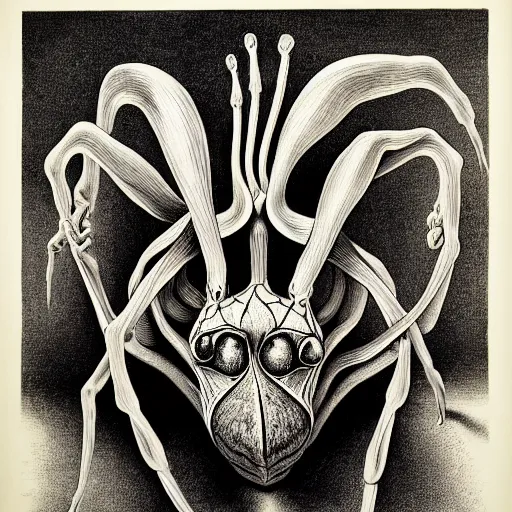 Image similar to surreal spider orchid head anatomical atlas dissection center cut, lithography on paper conceptual figurative ( post - morden ) monumental dynamic soft shadow portrait drawn by hogarth and escher, inspired by goya, illusion surreal art, highly conceptual figurative art, intricate detailed illustration, controversial poster art, polish poster art, geometrical drawings, no blur