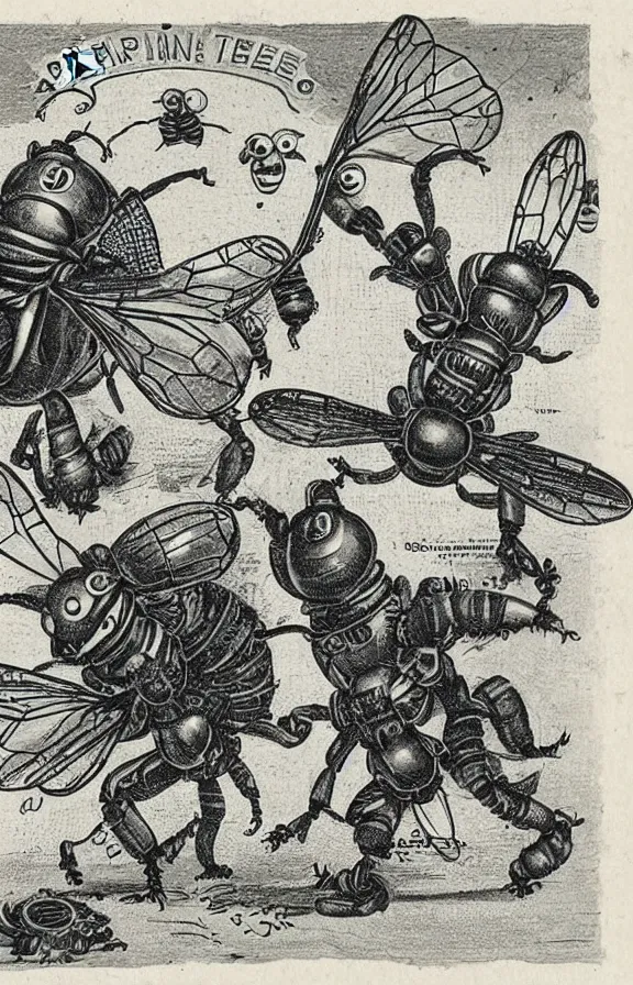 Prompt: photograph of steampunk bees playing tennis