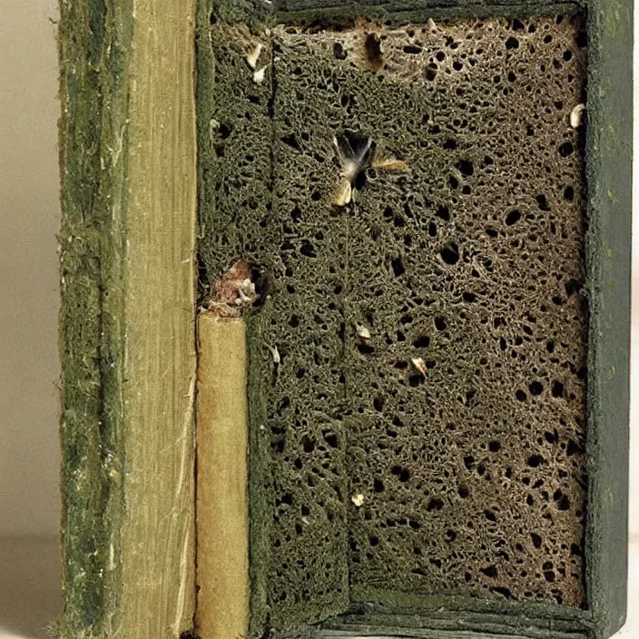 Image similar to a book with overgrown mold, moth. painting by frank sedlacek.