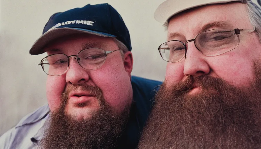 Prompt: far view, extremely fat obese mitch mcconnell with long beard, wearing dirty overalls, dirty greasy face, grin, portrait, close up, kodak gold 2 0 0, 5 0 mm,