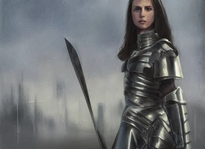 Image similar to landscape of a future city, a young english woman between the ages of 2 0 - 2 5 years, wearing armor and pointing a dagger, wearing a face full of anger. cinematic capture, dramatic condition, fine art, modern realism, sharp focus, good lighting, trending on artstation, trending on tiktok, smooth drawing, elegant, authoritative, without anomalies.