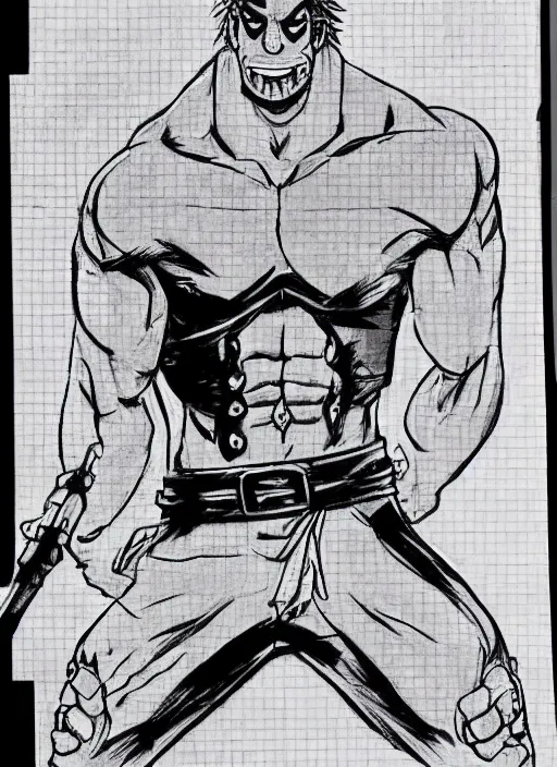 Image similar to dwayne johnson as origin character in one piece manga, sketch by eiichiro oda, amazing likeness. very detailed.