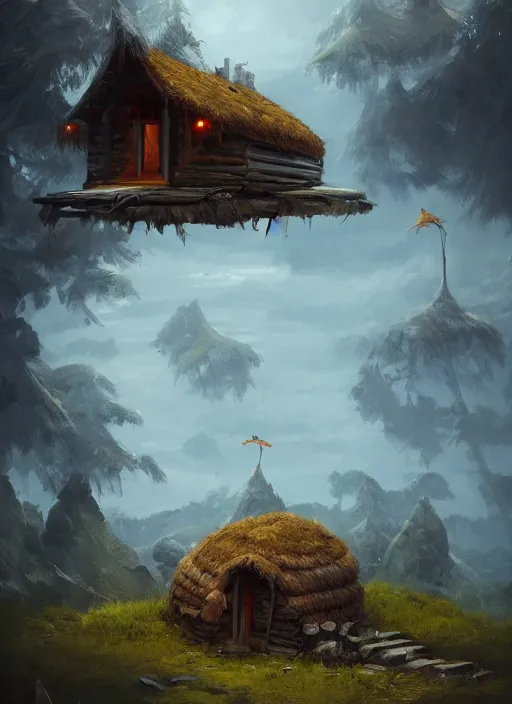 Prompt: hut on bird's feet, greg rutkowski, zabrocki, karlkka, jayison devadas, trending on artstation, 8 k, ultra wide angle, zenith view, pincushion lens effect