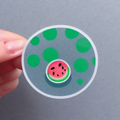 Prompt: hand holding cartoon diecut sticker of cute kawaii watermellon slice with white border and light gray background