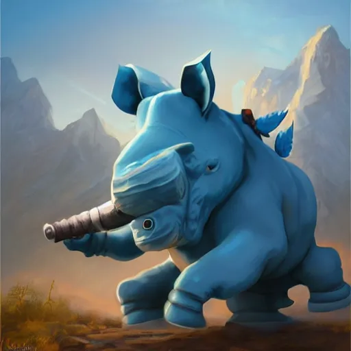 Prompt: An adorable anthropomorphic blue rhino wearing adventurer's clothing, highly detailed, digital painting, artstation, concept art, smooth, sharp focus, studio light, by Justin Gerard and Jason Chan,