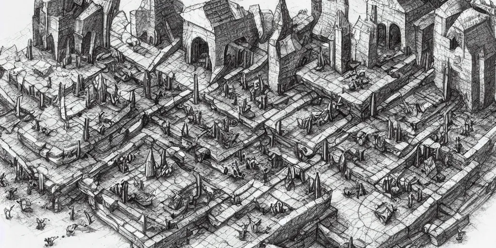 Image similar to anthromorphic humanoid ants building a city. epic game landscape shot. Beautifully detailed pen and ink drawing on parchment, D&D art by Michelangelo