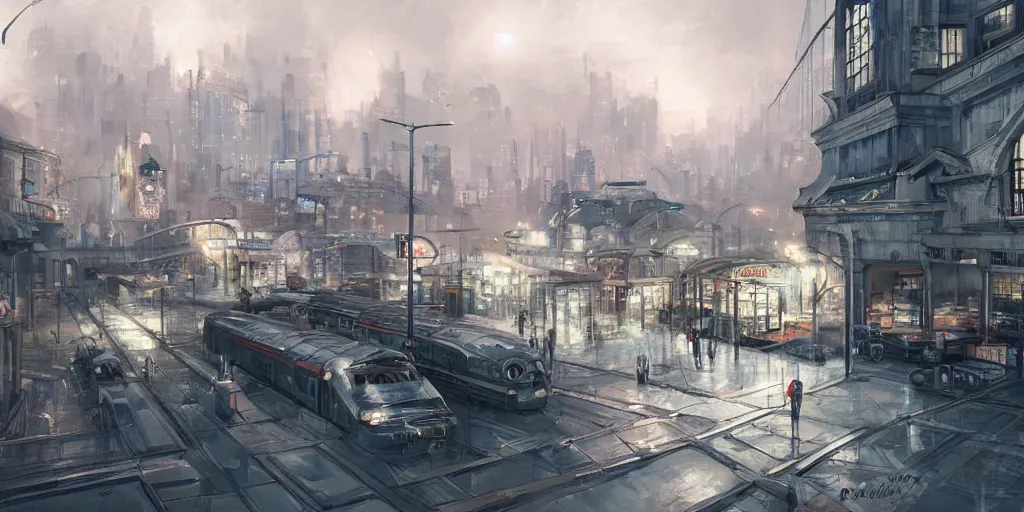 Image similar to 2 0 4 5 train station city landscale, concept art, illustration, highly detailed, artwork, hyper realistic, in style of james paick