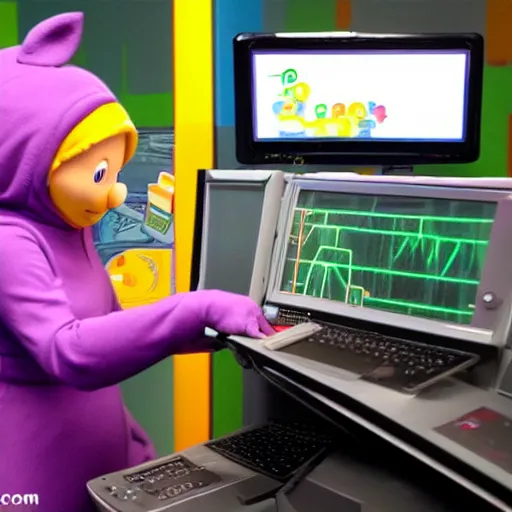 Image similar to A Teletubbie hacking into the Mainframe