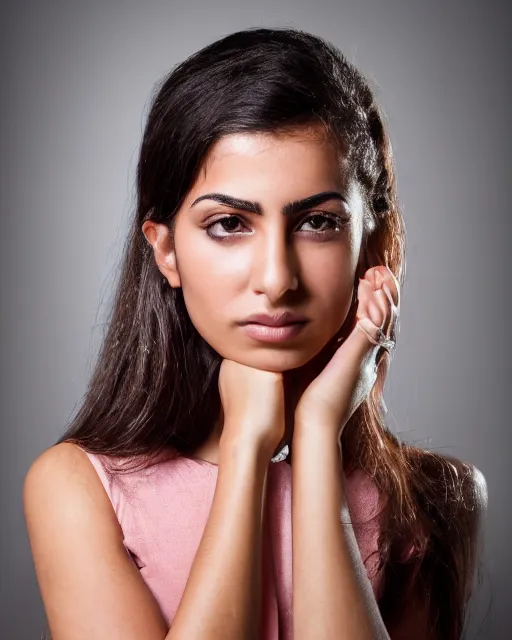 Prompt: a highly realistic, true to life portrait of a beautiful young middle eastern girl, sharp focus, from the waist up, under studio lighting, taken with a canon eos camera with 1 3 5 mm focal length, trending on artstation.