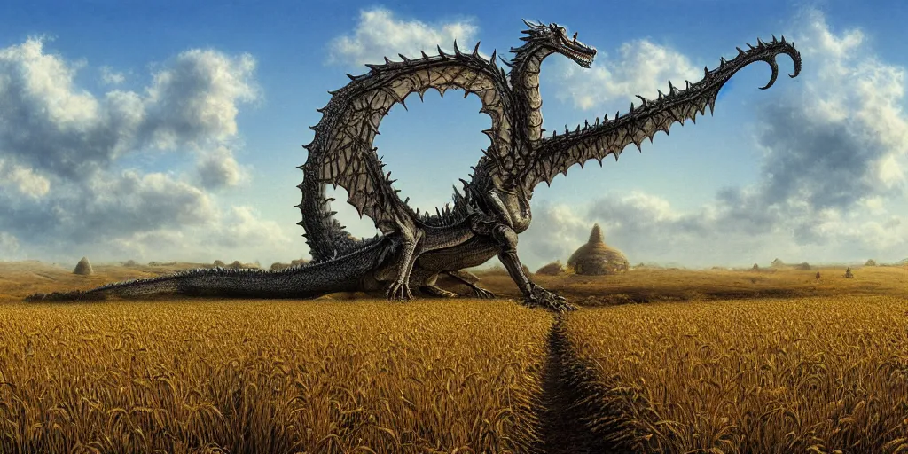 Image similar to Fantastical open landscape by Ted Nasmith, giant dragon skeleton, town, wheat fields, digital painting, concept art, landscape