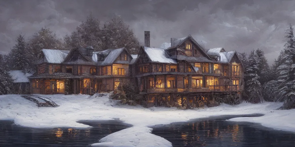 Image similar to an oil painting of a lakehouse in winter, masterpiece, highly detailed, high quality, 4 k, anatomically correct, hyperrealistic, concept art, octane render, unreal engine 5, trending on artstation, trending on deviantart, matte, historical painting, fantasy style, path traced, high coherence, soft lighting, digital painting, mythical, by leonardo da vinci