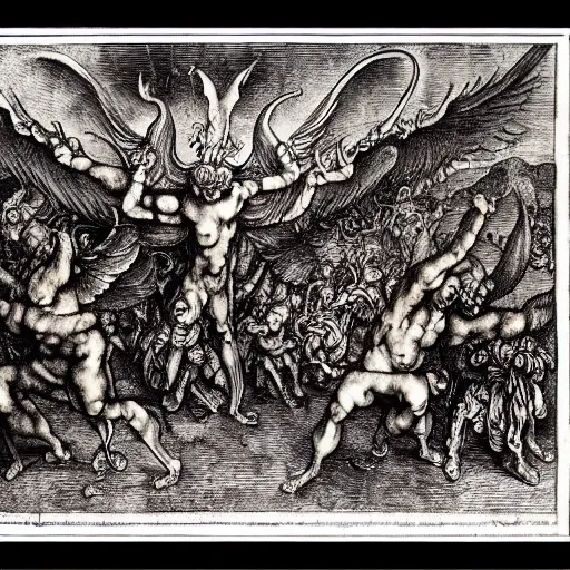 Image similar to vision of hell with winged demons flying over the flames, art by albrecht durer