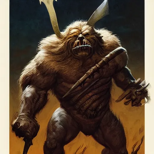 Prompt: quarter length portrait of a bugbear, d & d, fantasy, greg rutkowski, frank frazetta, alexandre chaudret, boris vallejo, michael whelan, miro petrov, hr giger, magali villeneuve, donato giancola