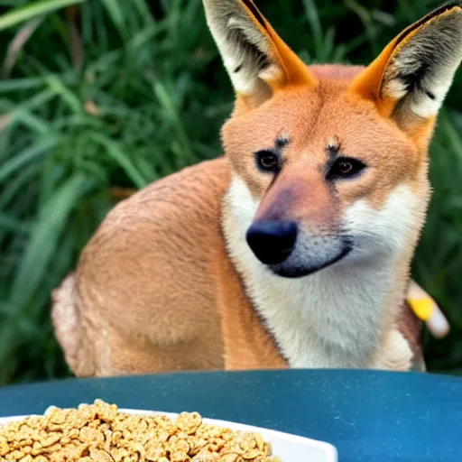 Image similar to a dingo with a bowl of cereal