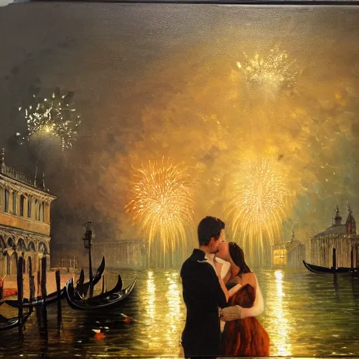 Image similar to an oil painting of couple kissing, in a background fireworks in venice