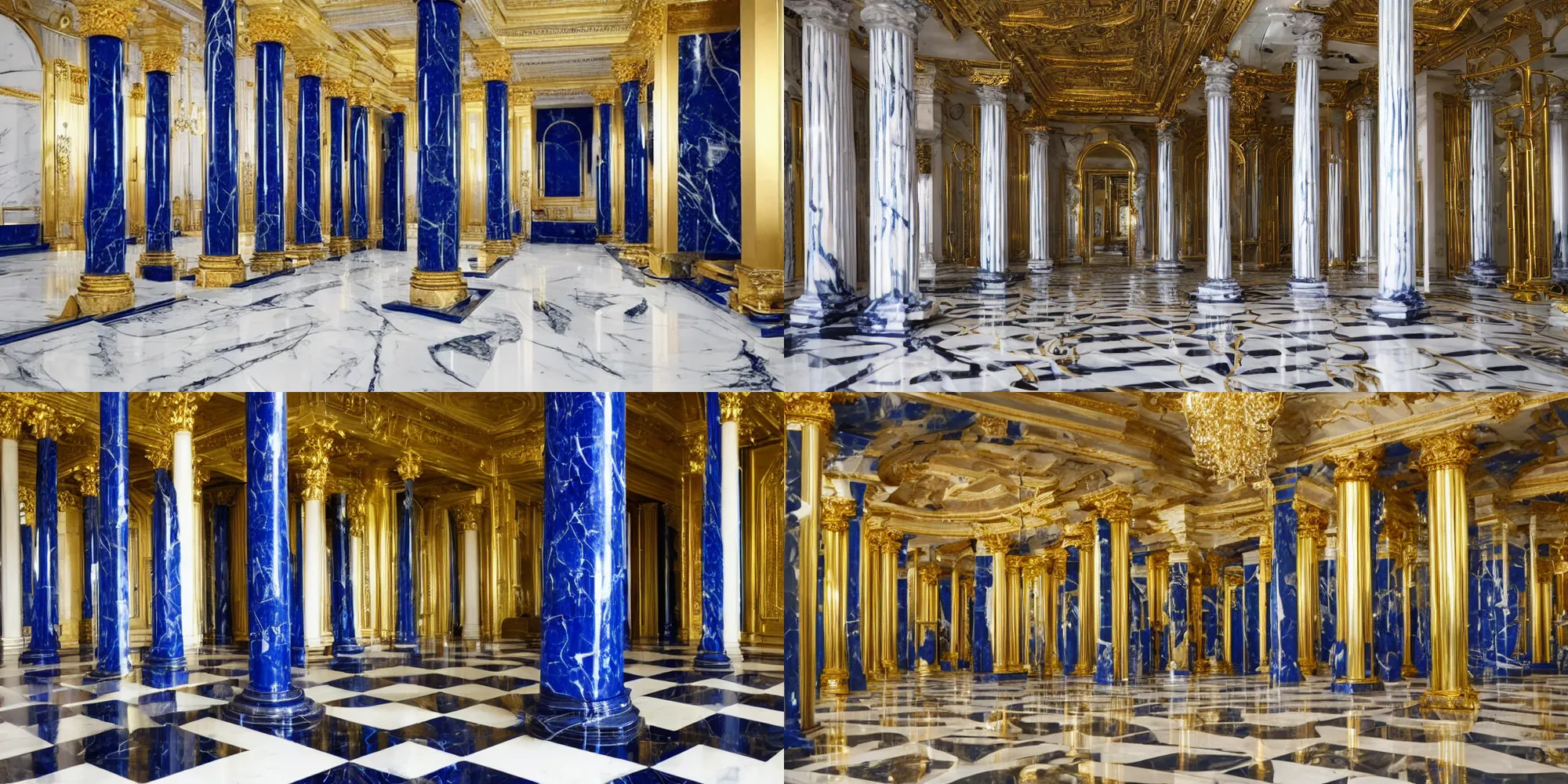 Prompt: Marble room with cobalt and gold pillars