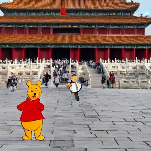 Prompt: winnie the pooh explores the forbidden city in china