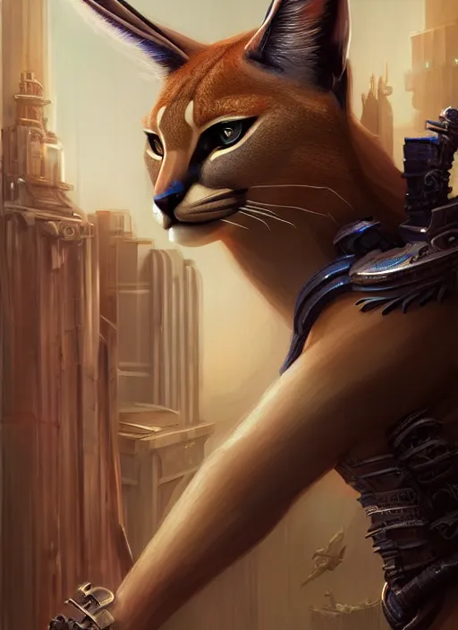 Image similar to cute caracal as apollo ancient greek god, details, fantasy, cyberpunk city, intricate, decadent, highly detailed, octane render, digital painting, artstation, concept art, sharp focus, illustration, art by artgerm, loish, wlop