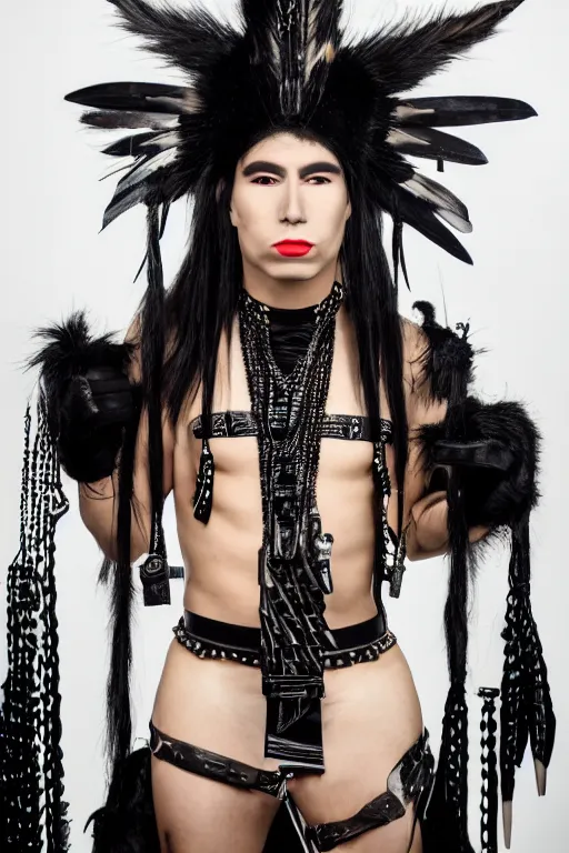 Image similar to a indigenous inuit genderqueer person in a black leather outfit with spikes on their head, a high fashion character portrait by christen dalsgaard, featured on behance, gothic art, androgynous, genderless, gothic