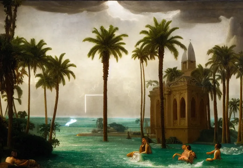 Image similar to Palace floating in heaven, 1km tall, thunderstorm, greek pool, beach and palm trees on the background major arcana sky, by paul delaroche, hyperrealistic 4k uhd, award-winning very detailed, heaven paradise