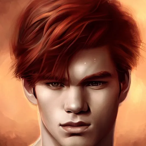 Image similar to < KJ Apa handsome-redhead-male-model with short-fade-haircut, natural, detailed portrait, photorealistic digital painting in the style of Charlie-Bowater, dramatic lighting shadows,