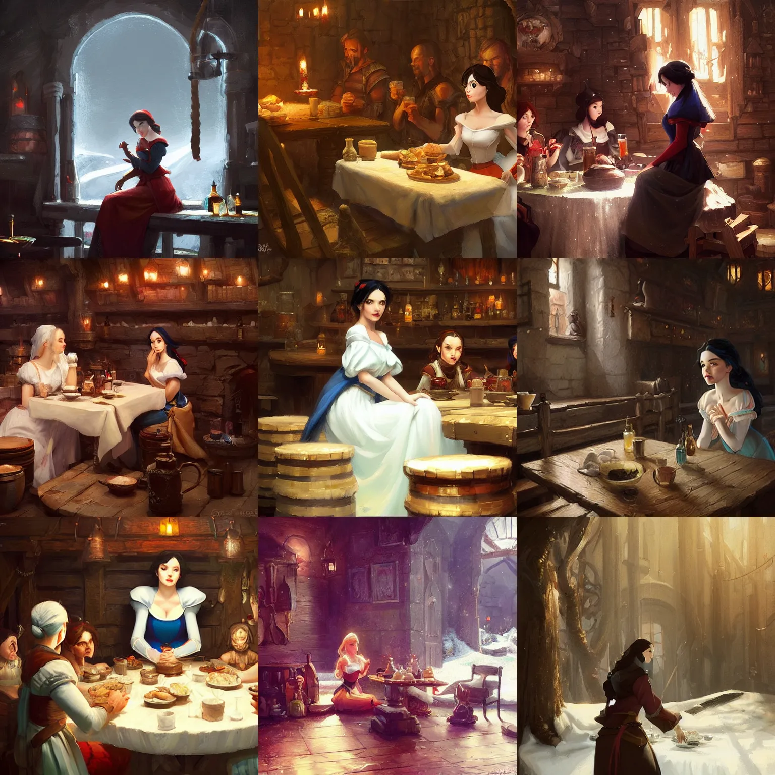 Prompt: a beautiful artwork painting of snow white in a tavern by Greg Rutkowski featured on artstation