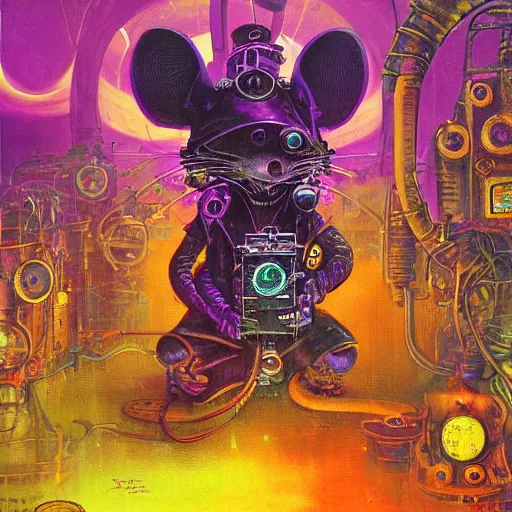 Image similar to steampunk rat, acid, 303, psychedelic, by paul lehr