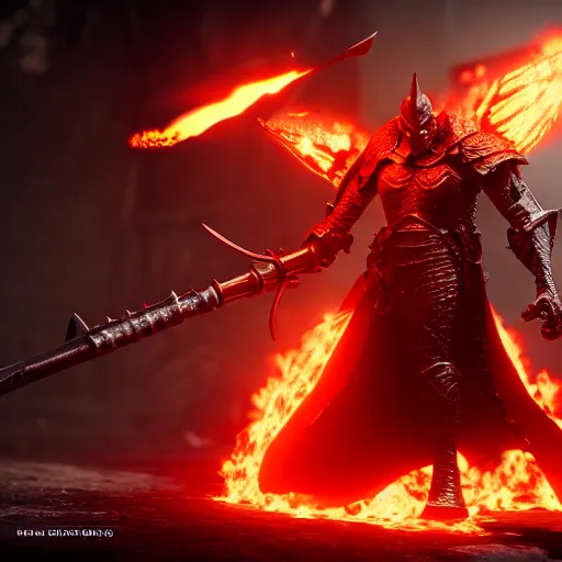 Prompt: hell knight with flaming weapons, highly detailed, 4 k, hdr, award - winning, octane render, artstation