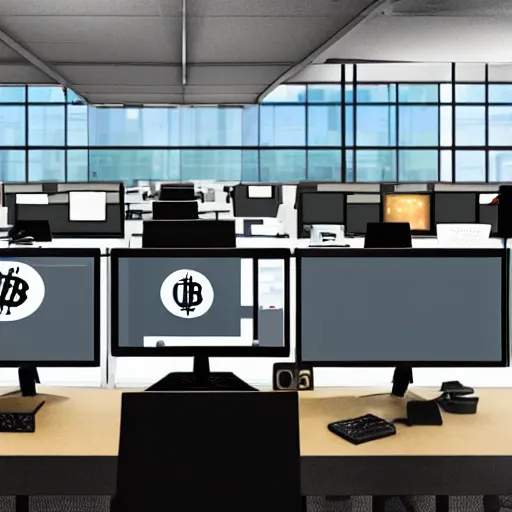 Prompt: fifty monkeys are staring a individual computer screens in a crowded cubicle - style office, the computer screens have bitcoin logos, hyperrealism, unreal engine 5, 4 k, harsh contrast lighting