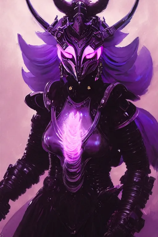 Image similar to woman with a long black ponytail in purple sci - fi armor, wearing a kitsune mask, shoulder pad is a glowing oni mask, striking pose, portrait dnd, painting by gaston bussiere, craig mullins, greg rutkowski, yoji shinkawa