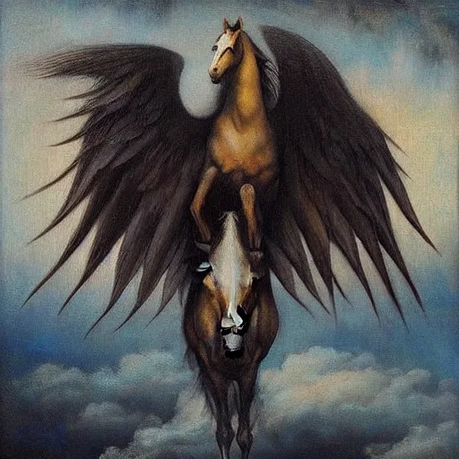 Image similar to an oil painting of a pegasus view from its side painted by esao andrews. circa survive album cover art. dark. muted colors. gothic. oil painting with brush strokes. creepy.