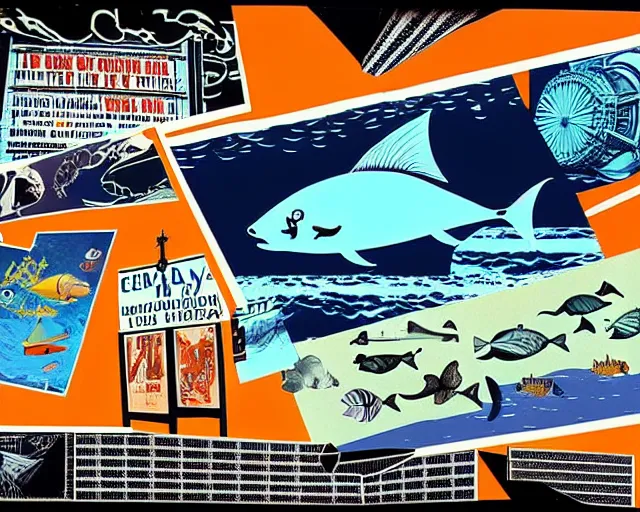 Prompt: footage of a theater stage, 1976 poster, cut out collage, film noir, break of dawn on Neptun, epic theater, tropical fish, nautical maps, NY style grafitti, in style of Ernst Haeckl, composition by Wed Anderson, written by Ernst Jandl, lens flare