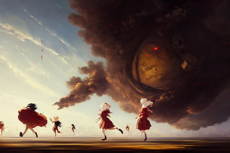 Image similar to baroque oil painting of anime key visual concept art of anime maids running away from the hindenburg disaster, smoke debris, grimdark steampunk fantasy, pleasant battlefield, trending on artstation, brush strokes, oil on canvas, style of makoto shinkai and greg rutkowski and studio ghibli