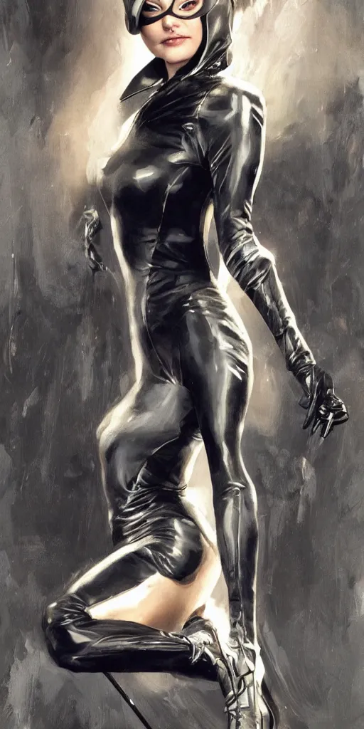 Prompt: full figure hyper realistic painting of young michelle pfeiffer as catwoman, hyper detailed, by clay mann, ayami kojima and greg rutkowski, trending on artstation, 3 light sources, rule of thirds, dutch angle