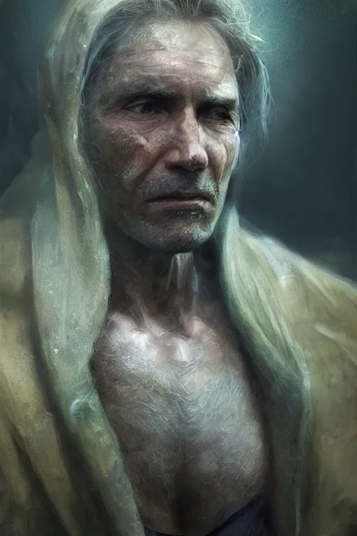 Image similar to Atlantis citizen, close-up portrait, poor, intricate, elegant, volumetric lighting, scenery, digital painting, highly detailed, artstation, sharp focus, illustration, concept art,ruan jia, steve mccurry