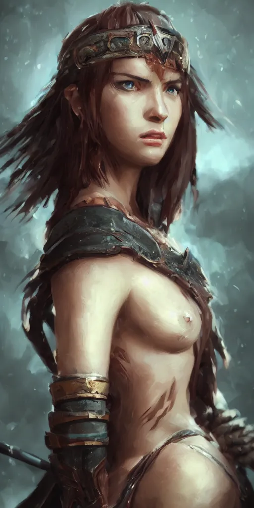 Image similar to head and shoulders focus portrait of a barbarian female high quality focus by wlop