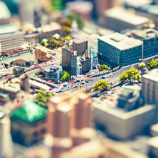 Prompt: tiny miniature city trafic, people, sunny, depth of field, tilt shift effect