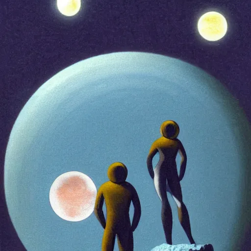 Prompt: Illustration. A beatiful illustration of a planet with two moons in the background. In the foreground, there is a woman wearing a spacesuit and holding a phaser. She is standing on a rocky surface, and there is a ship in the distance. claymation by Max Ernst robust