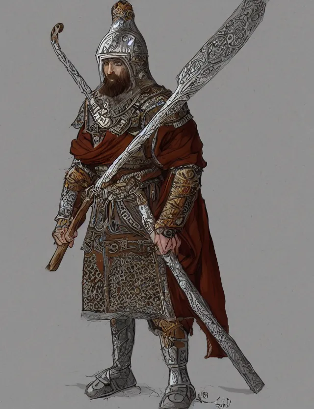 Prompt: a nordic monk dressed in a slavic and byzantine style of armor, concept art,