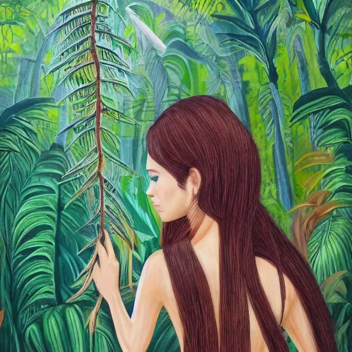 Image similar to a girl in a jungle with a book, her hair flowing down, subtle, intricate details, dynamic pose, real masterpiece, oil on canvas, by somsak anong