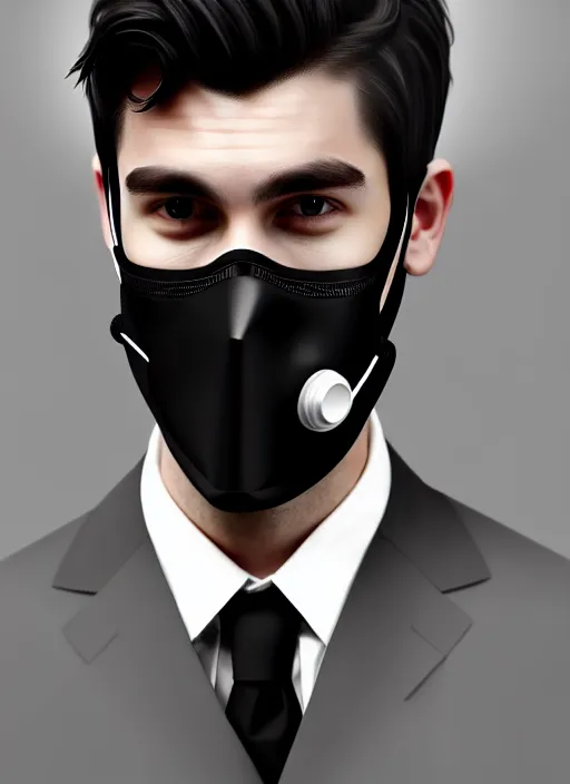 Prompt: handsome young man with black medical mask, half body shot, path traced, highly detailed, high quality, digital painting, by daniel sprick