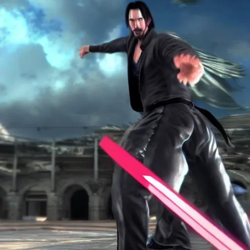 Prompt: Keanu Reeves as a character in Tekken, gameplay screenshot, photorealistic