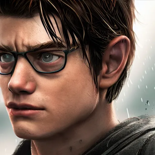 Image similar to Peter Parker as Spiderman , wet face , heavy rain ,dramatic, intricate, highly detailed, concept art, smooth, sharp focus, illustration, Unreal Engine 5, 8K