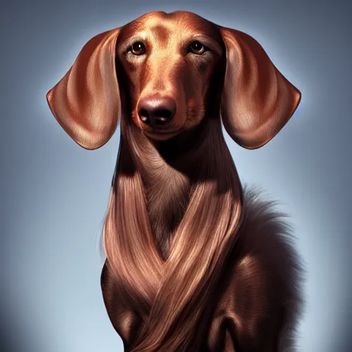 Prompt: portrait of long haired daschund, concept art, cinematic lighting, beeple,