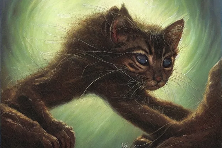 Image similar to bait displacer beast kitten, art by bob eggleton, trending on artstation, dramatic lighting top view figurativism, award - winning, abstract illusionism, sketched, divisionism