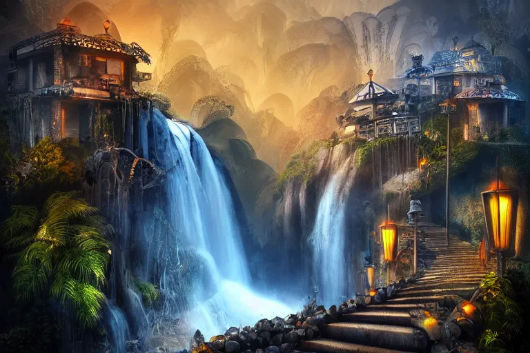 Prompt: elegance, futuristic waterfall favela graveyard honeycomb hive, art nouveau environment, magma, industrial factory, award winning art, epic dreamlike fantasy landscape, ultra realistic,